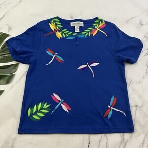 Victoria Harbour Womens Vintage 90s Dragonfly Top Size M Blue Green Beaded Tee
